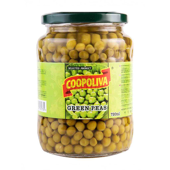 Canned Coopoliva green peas 720 g glass