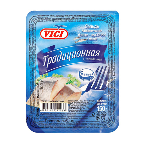 თევზის ნახევარფაბრიკატი 'ვიჩი' სელდის ფილეს ნაჭრები ზეთში 'ტრადიციული' 150გ