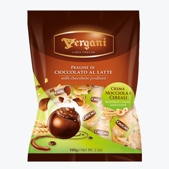 Praline/ Vergani/ milk chocolate praline with hazelnut cream and crunchy flakes filling 20*100g