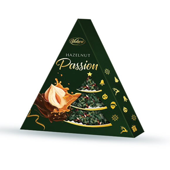 შოკოლადი/ ვობრო/ რძიანი შოკოლადის პრალინე თხილის კრემით და თხილით საახალწლო შეფუთვაში 12*126 გრ.