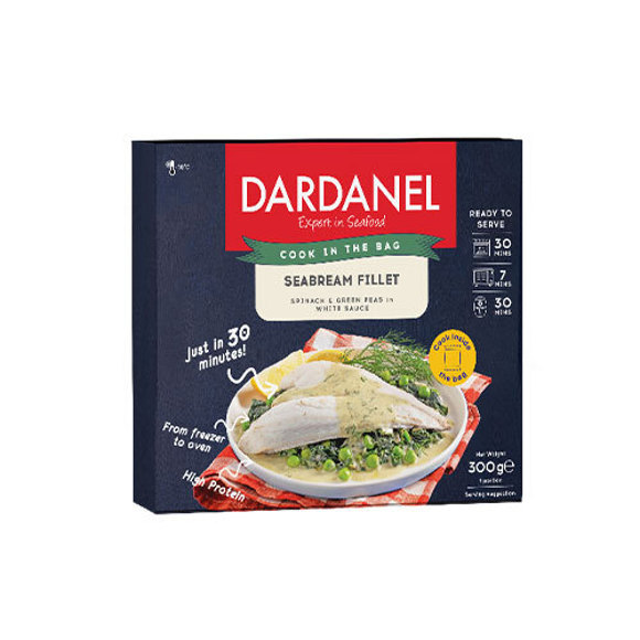 დორადოს ფილე/Dardanel/ისპანახითა და მწვანე ბარდით თეთრ სოუსში 8*300გ