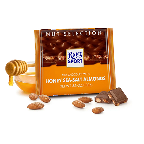 "Ritter sport"- რძიანი შოკოლადი მოხალული, მარილიანი ნუშით და თაფლის გარსით 100გ