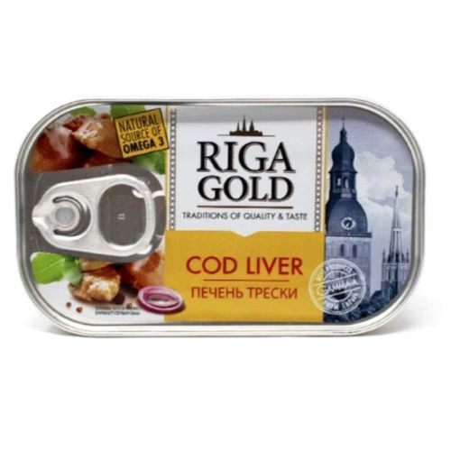 თევზის კონსერვი /Gama/ "Riga Gold" ნორვეგიის ზღვის ვირთევზის ღვიძლი თავის ზეთში/ 12*121 გრ