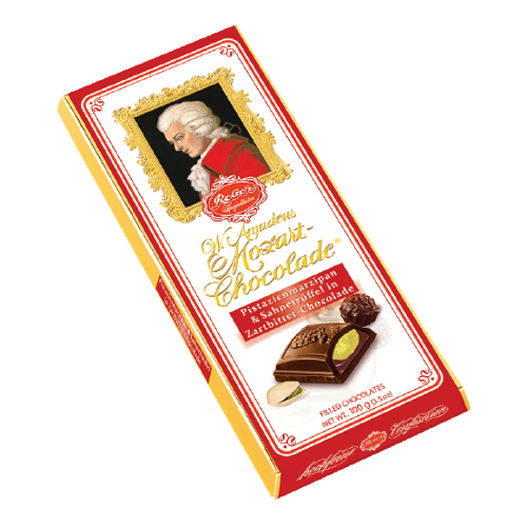 Chocolate bar / Reber / "Mozart" dark chocolate with pistachio marzipan / 10*100g